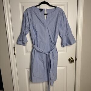 Talbots Dress Womens 12P Blue Striped Ruffle Sleeve Career Beach Resort Preppy